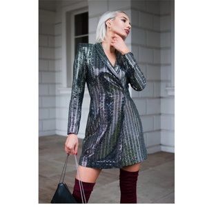 ZARA SILVER SEQUIN TUXEDO METALLIC BLAZER MINI DRESS . Size L